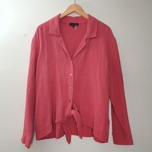 1. STATE Womens Coral Long Sleeve V Neck Button Up Top With Tie Size L